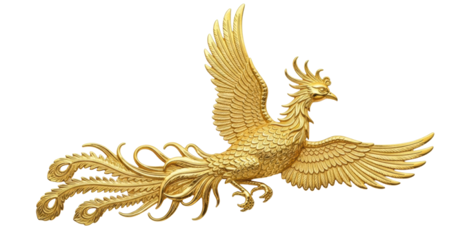 Golden phoenix sculpture with intricate feather details