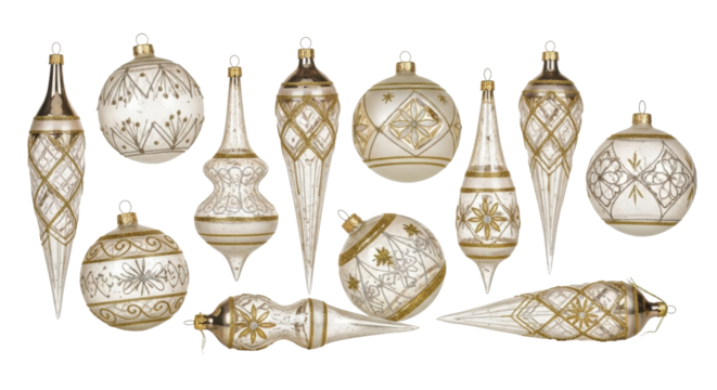 Elegant gold and white christmas ornaments with delicate patterns