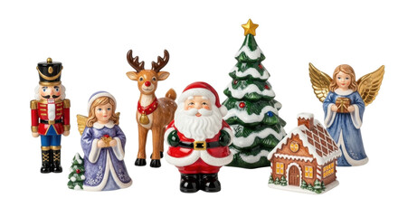 Fototapeta premium Festive christmas figurines with santa, angel, nutcracker, and tree