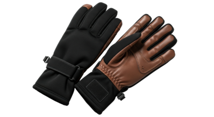 Black and brown winter gloves with adjustable straps for outdoor activities