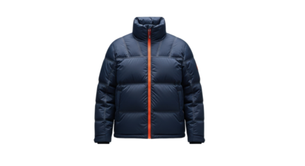 Blue puffer jacket with orange zipper front view