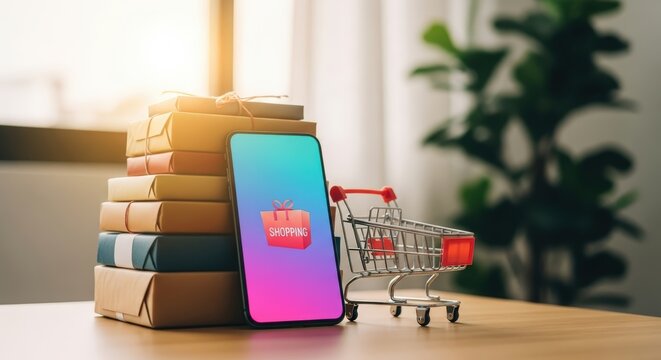 Smartphone displaying shopping app interface beside stacked gift boxes and a miniature shopping cart, illustrating modern online shopping experience with vibrant colors and cozy ambiance