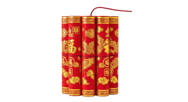 Traditional chinese red firecrackers with golden dragon and phoenix designs