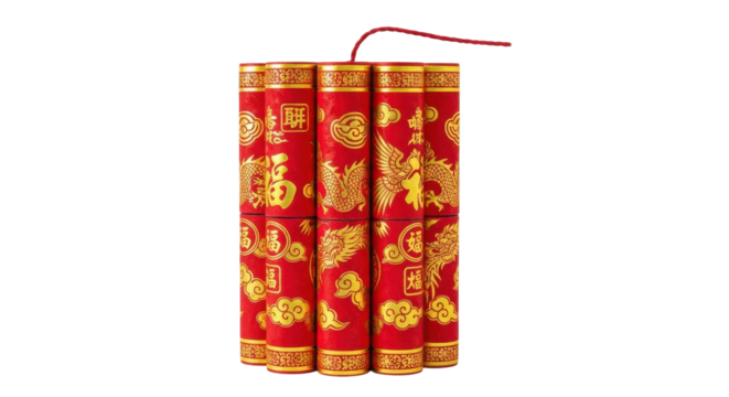 Traditional chinese red firecrackers with golden dragon and phoenix designs