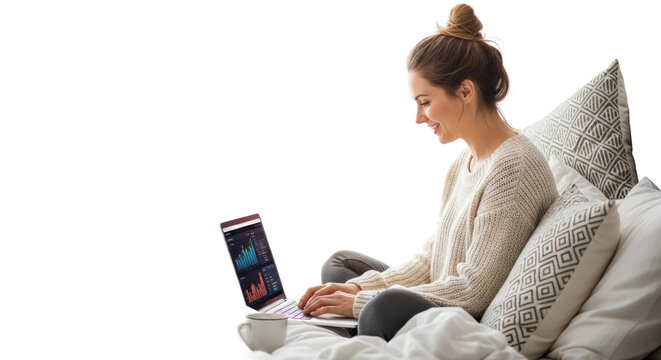 Young caucasian female analyzing data on laptop in cozy bed setting