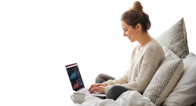 Young caucasian female analyzing data on laptop in cozy bed setting