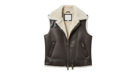 Brown leather shearling vest with zipper and buckle details