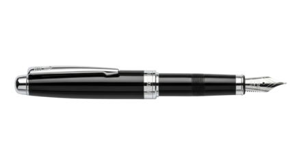 Elegant black fountain pen with silver accents on white background