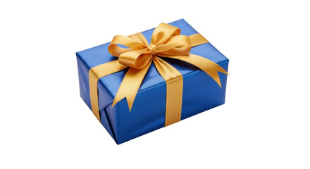 Elegant blue gift box with gold ribbon on black background