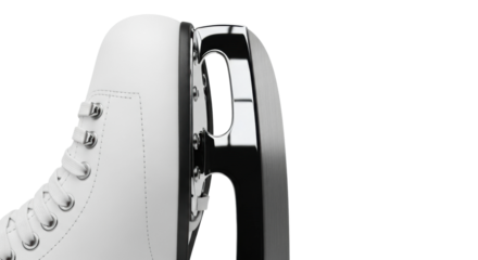 Close-up of white ice skate blade and boot with laces