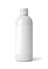 A plain white plastic bottle with a flip-top cap and a blank label, isolated on a clean white background, ready for product branding.
