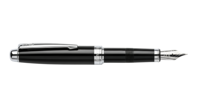 Elegant black fountain pen with silver accents on white background
