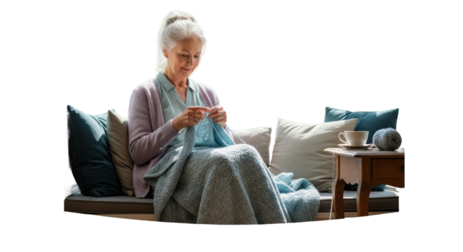 Elderly caucasian woman knitting in cozy living room setting