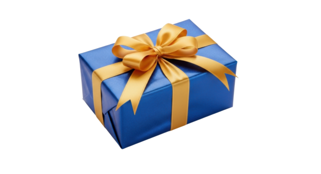 Elegant blue gift box with gold ribbon on black background
