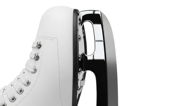 Close-up of white ice skate blade and boot with laces