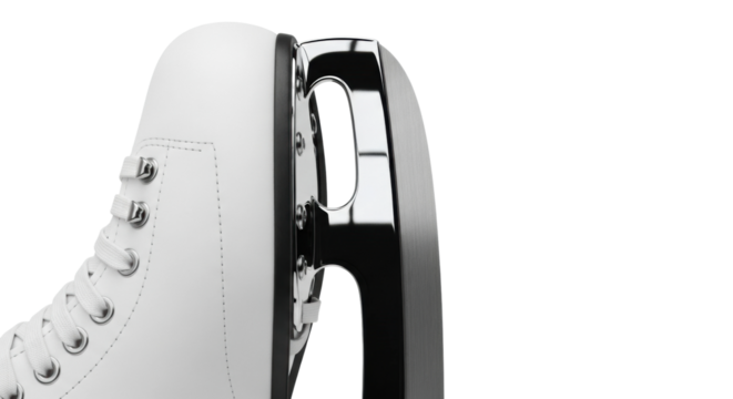 Close-up of white ice skate blade and boot with laces