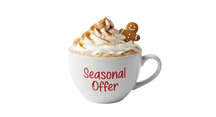 Seasonal offer: whipped cream topped hot chocolate with gingerbread man