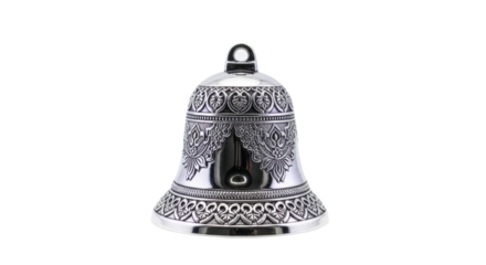 Intricately designed silver bell with ornate patterns isolated on white background