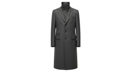 Elegant long black wool overcoat with lapel collar and button details