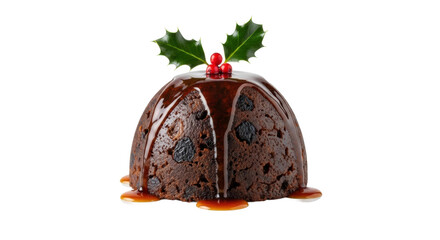 Delicious festive christmas pudding with holly and red berries