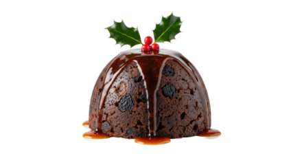 Delicious festive christmas pudding with holly and red berries