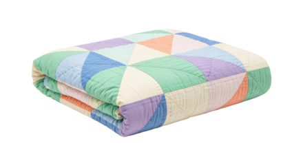 Colorful geometric patchwork quilt folded neatly