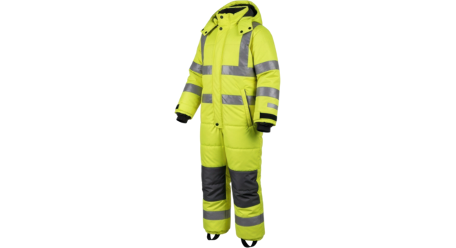 High-visibility yellow coverall with reflective stripes for outdoor safety