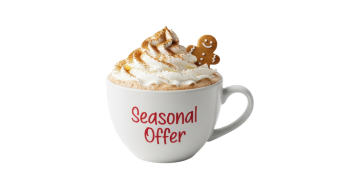 Seasonal offer: whipped cream topped hot chocolate with gingerbread man