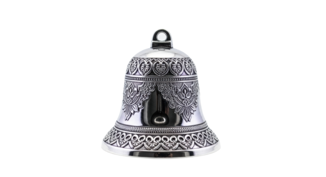 Intricately designed silver bell with ornate patterns isolated on white background