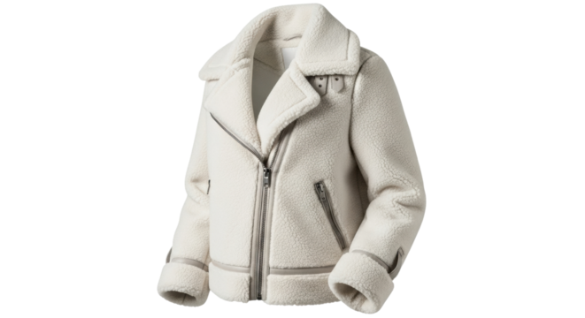 Stylish women's white sherpa jacket with asymmetrical zipper and buckled collar
