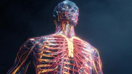 Futuristic Visualization of Human Anatomy Highlighting Nervous System and Skeletal Structure in Digital Art Form