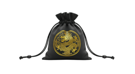 Black drawstring bag with golden dragon emblem on black background