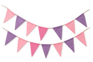 Bunting flags decorating for party, celebration, festival, or event with pink and purple pennants on transparent background