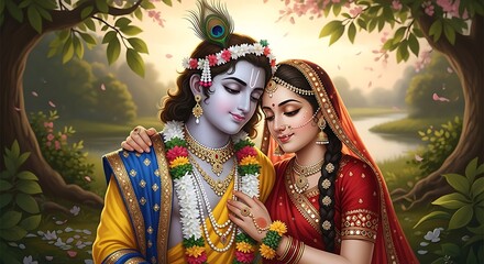 Obraz premium Radha Krishna divine love, Indian art.