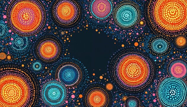 Vibrant abstract circles made of dots on dark background. Colorful patterns with rings, swirls in red orange blue cyan pink, green hues. Decorative design element for websites posters, prints.