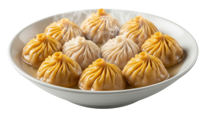 Steaming asian dumplings in white bowl - delicious traditional cuisine