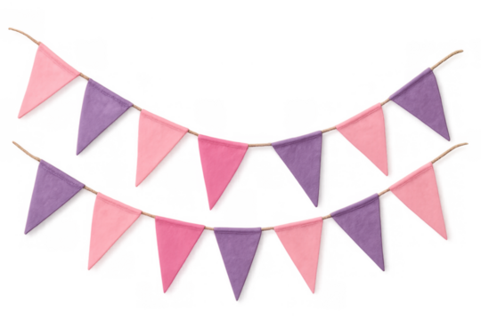 Bunting flags decorating for party, celebration, festival, or event with pink and purple pennants on transparent background