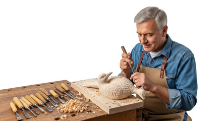 Mature caucasian male woodcarver crafting bird sculpture in workshop