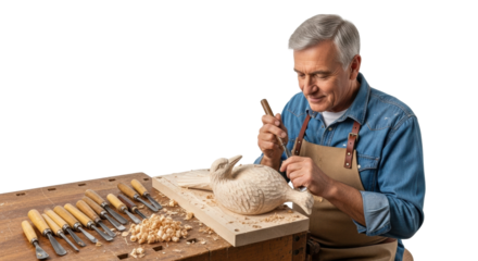Mature caucasian male woodcarver crafting bird sculpture in workshop
