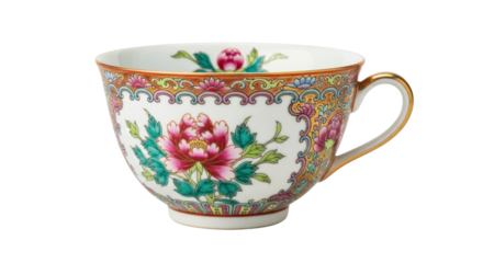 Ornate floral porcelain teacup with vibrant peony design