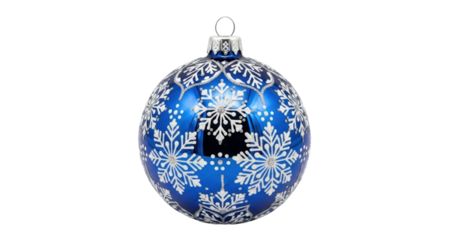Blue christmas ornament with silver snowflake patterns on black background