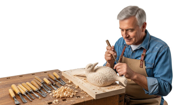 Mature caucasian male woodcarver crafting bird sculpture in workshop