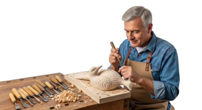 Mature caucasian male woodcarver crafting bird sculpture in workshop