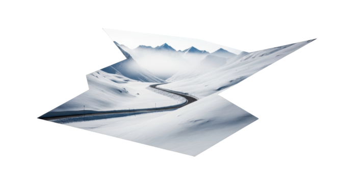 Surreal intersection of reality and art: mountain road through snowy pass