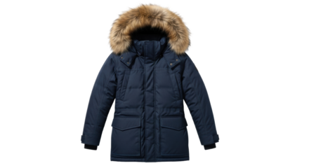 Navy blue winter parka with fur hood for cold weather