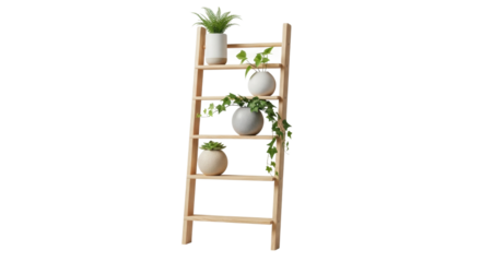 Wooden ladder shelf with indoor potted plants for home decor