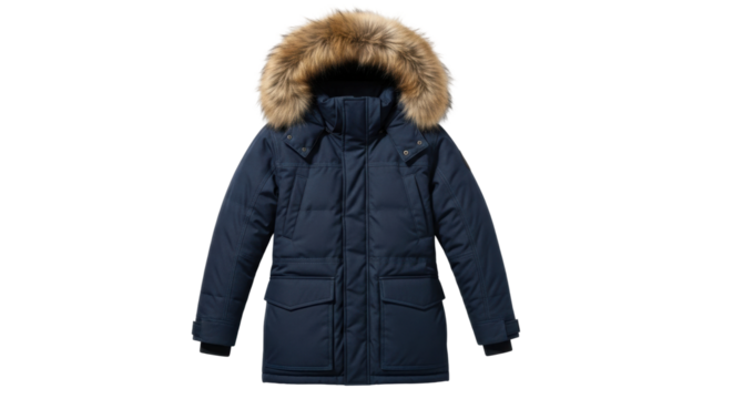 Navy blue winter parka with fur hood for cold weather