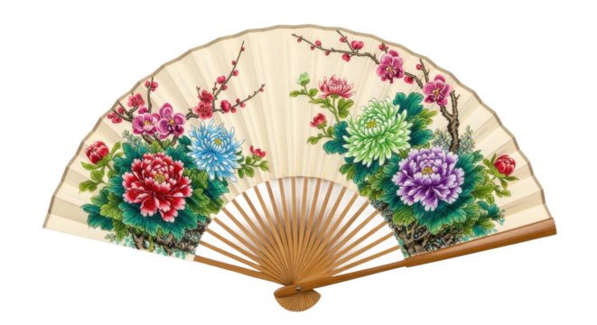 Elegant floral asian fan with colorful chrysanthemum and peony design - Powered by Adobe