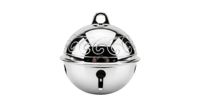 Decorative silver bell ornament with intricate swirl patterns