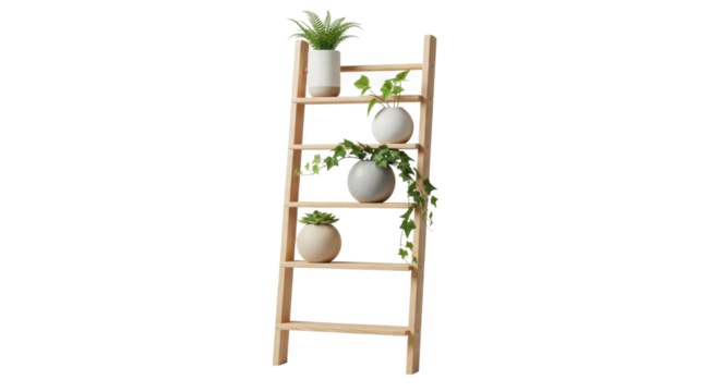Wooden ladder shelf with indoor potted plants for home decor